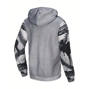 Men's plus size grey hoodie featuring Southwest ethnic prints and elk sleeve graphics