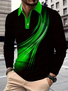 Close-up of men's black polo shirt with abstract green graphics and contrasting collar