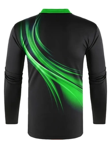 Back view of men's long sleeve polo shirt with green streamlined abstract patterns