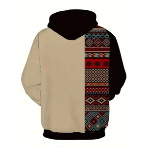 Detail view of ethnic tribal print and asymmetrical color-block patchwork on men's hoodie