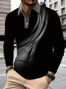 Detail of men's long-sleeve polo shirt featuring a grey gradient stripe and three-button collar