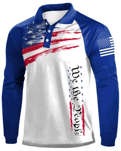 Detail of We the People calligraphy and American flag print on long sleeve polo shirt