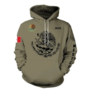 Close-up of the Mexico Aztec eagle print on this men's army green hoodie detail