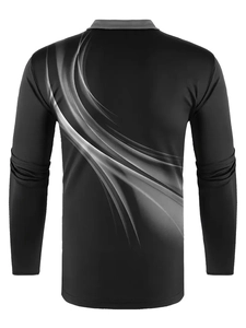 Back view of men's long sleeve polo shirt with gray wave print on dark black fabric