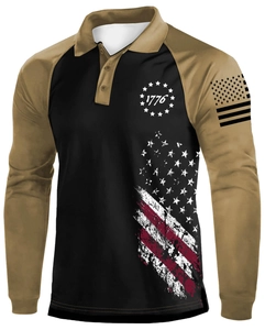 Detail of color-block polo shirt with 1776 star logo and American flag pattern