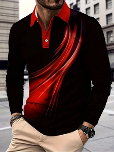 Detail of red lapel collar and 3D graphic print on black long sleeve polo shirt for men