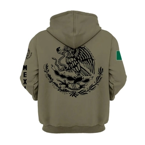 Back view of heavy cotton khaki hoodie featuring Mexico emblem and ethnic sleeve print