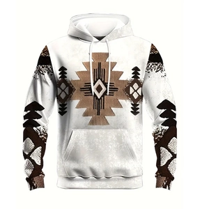 Detail of Southwest ethnic geometric print on a cream-colored plus size men's hoodie