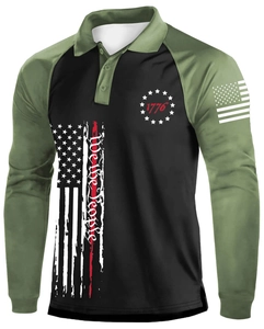 Close-up of 1776 and We the People prints on a color-block long sleeve polo shirt