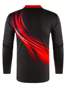 Back view of men's long sleeve polo shirt with red collar and purple abstract stripe pattern