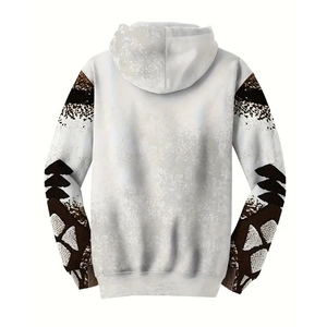 Detail of white men's hoodie featuring ethnic geometric print on long sleeves
