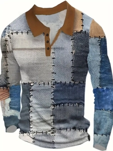 Detail of patchwork denim textures and brown collar on men's long sleeve polo shirt
