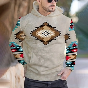 Detail of Southwest ethnic print on a light beige men's plus size long sleeve hoodie
