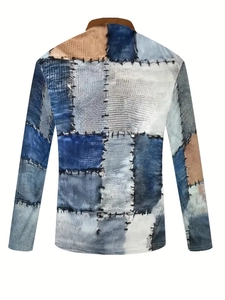 Back view of men's long-sleeve polo shirt with modern blue and brown patchwork patterns