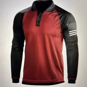 Men's red and black raglan long sleeve polo shirt with US flag print on the sleeve