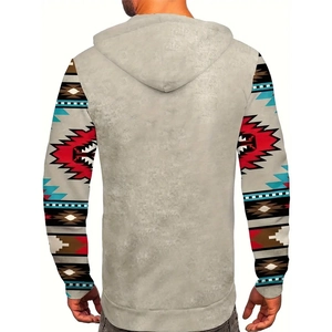 Back view of men's plus size grey hoodie featuring ethnic geometric pattern on sleeves