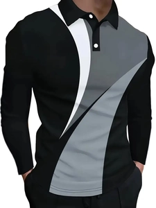 Detail of slim fit long sleeve polo shirt featuring black grey and white curved patchwork