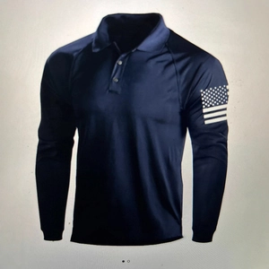 Classic navy blue long sleeve polo shirt with US flag print on sleeve for men