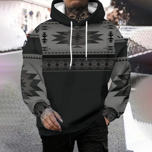 Detail of Southwest ethnic geometric tribal patterns on a black men's plus size hoodie