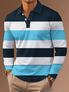 Detail of navy and sky blue striped men's long sleeve polo shirt with three-button placket