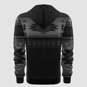 Detailed back view of men's plus size hoodie with Southwestern tribal geometric patterns
