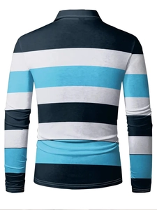 Detailed back view of striped long sleeve polo shirt with navy, white and light blue bands