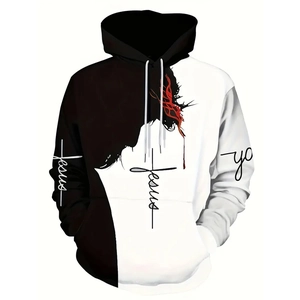 Detail of plus size men's hoodie featuring black and white split color block with Jesus print