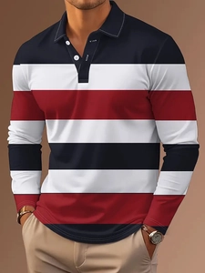 Close-up of men's long-sleeve polo shirt with navy, white, and dark red stripes
