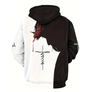 Detail view of large Jesus print and crown of thorns on black-white hoodie back