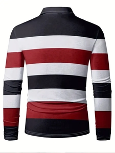 Rear view of long sleeve striped polo shirt featuring bold black white and red horizontal bands