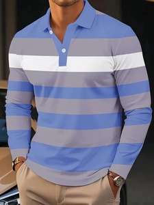Detail of men's long-sleeve striped polo shirt with classic collar and three buttons