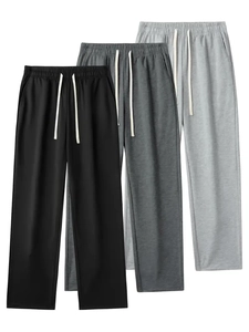 Three-pack men's sweatpants in black and grey with elastic waist and white drawstrings