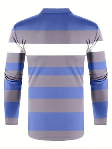 Rear view of long-sleeve men's polo shirt featuring blue and grey horizontal stripes