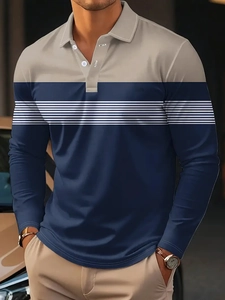 Detailed view of long sleeve polo shirt featuring khaki and navy color block and stripes