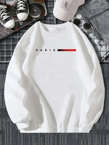Détail à plat du sweat blanc à manches longues avec logo Paris et rayures contrastées