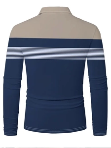 Back view of men's long-sleeve polo shirt with navy and khaki color blocking and stripes