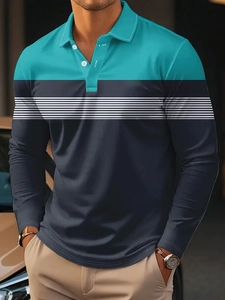 Detail of men's long sleeve polo shirt with blue stripes and contrast stitching