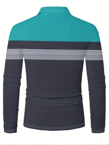 Detail view of the back of a men's long sleeve polo shirt with striped color-block design