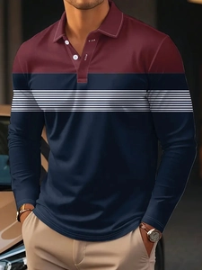 Detail of long-sleeve polo shirt with burgundy, striped white, and navy blue panels