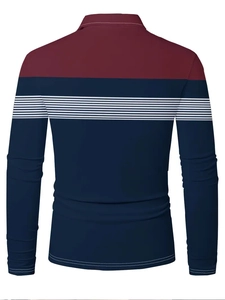Detail of long sleeve polo shirt featuring color-block design and striped back texture