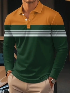 Macro detail of men's long-sleeve polo shirt showing striped texture and white buttons