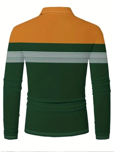 Detail view of men's long sleeve polo shirt with orange and dark green stripes