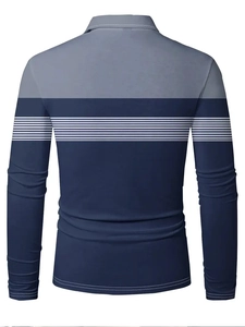 Detail view of the long sleeve polo shirt back with blue and white stripes and grey collar