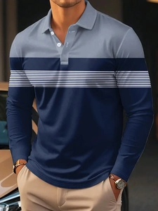 Detail of color-block long sleeve polo shirt with white stripes and three-button collar