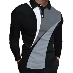 Men's slim fit long sleeve polo shirt with black and grey color block stripe design