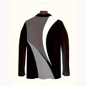 Men's long sleeve polo shirt with modern grey and black geometric patchwork design