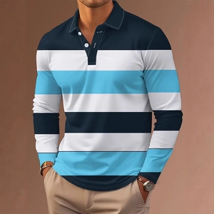 Men's long sleeve polo shirt featuring classic navy and light blue horizontal stripes