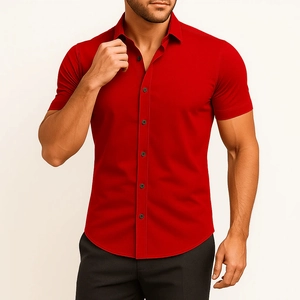 Close-up of vibrant red short-sleeved shirt with black buttons and spread collar