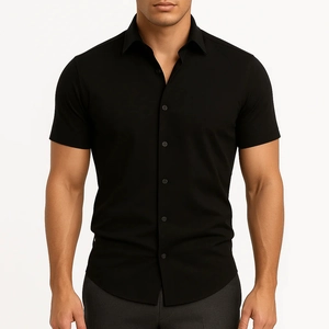 Men's stylish short sleeve black casual shirt with classic button-down front