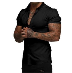 Close-up of men's slim fit black short sleeve shirt with classic button-down collar